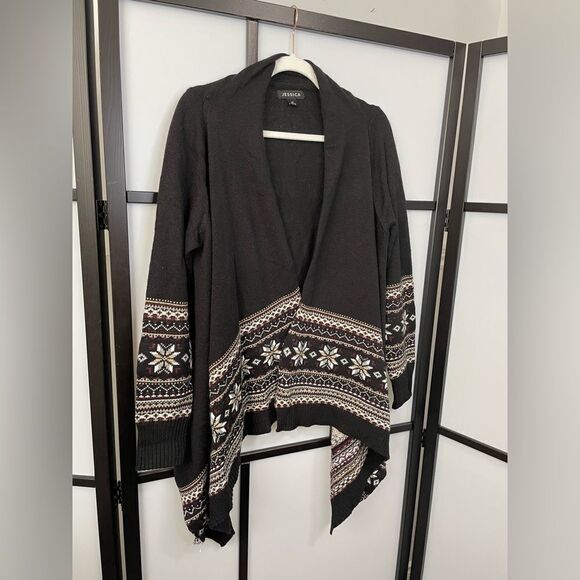 [L] Jessica Black Holiday Cardigan with Creme & Red Fair Isle Snowflake Print - Picture 4 of 10